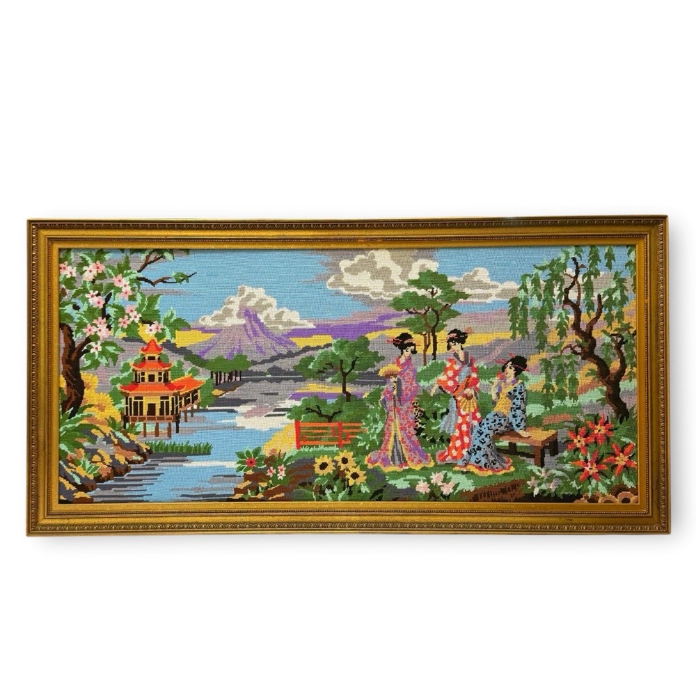 Vintage Large Completed Needlepoint Geisha Pagoda Landscape Framed Wall Art